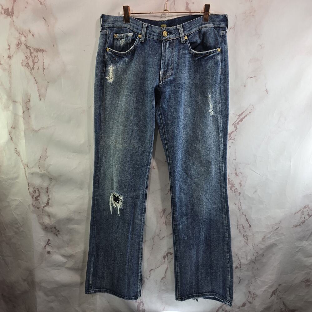 7 For All Mankind Jeans Womens 32 X 32 Low Rise Y2K Flare Distressed Stone Wash